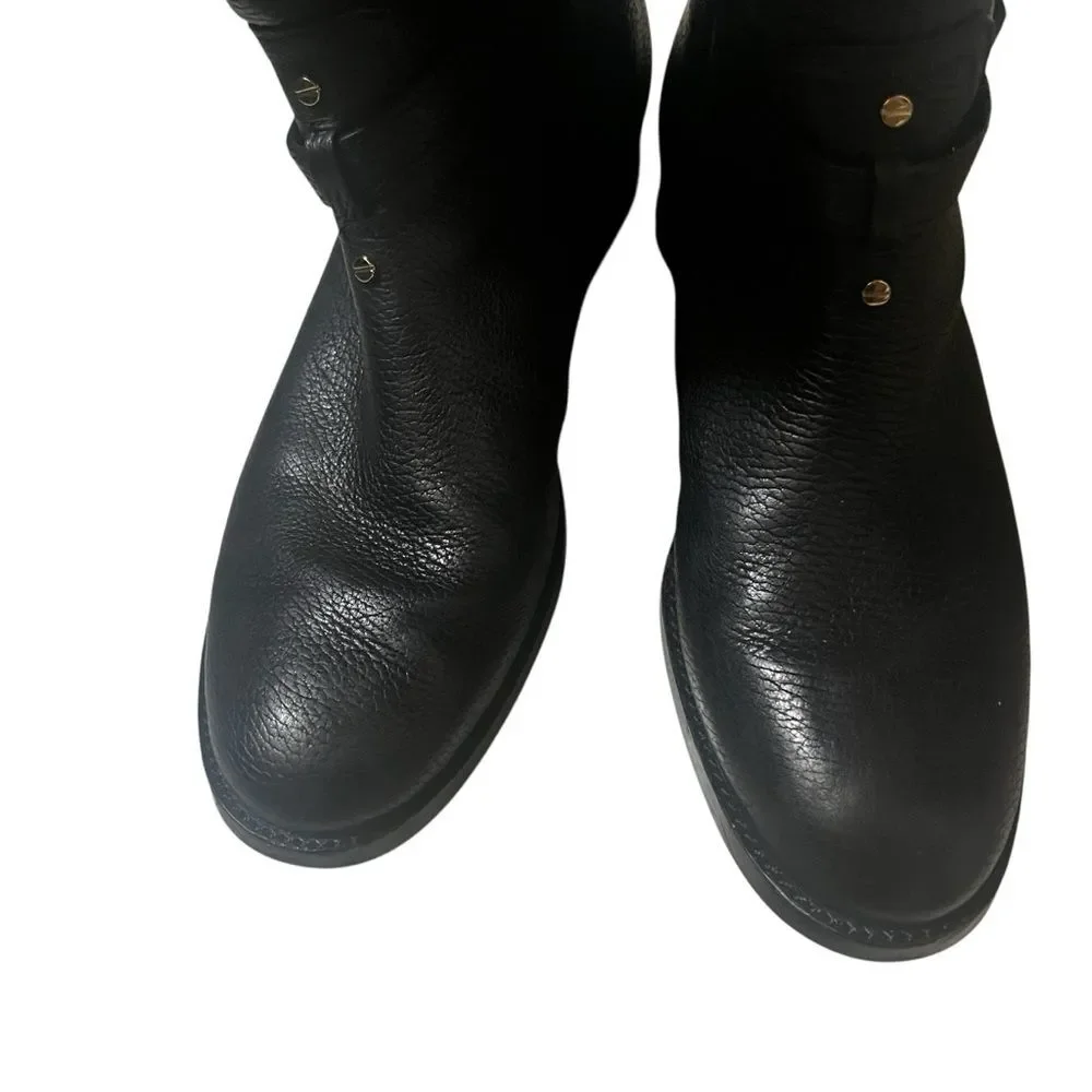 Tory Burch Boot Riding Black Pebbled Leather Logo Tall Buckle Knee Marlene 7.5